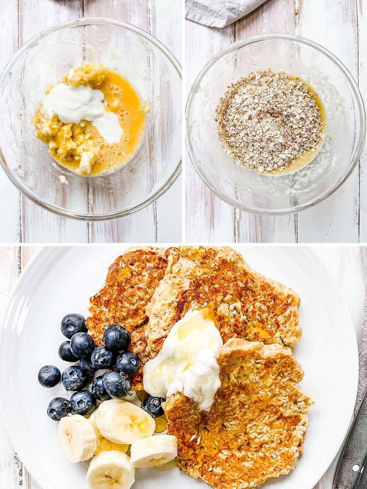 3 photos of the process of making banana oatmeal pancakes.