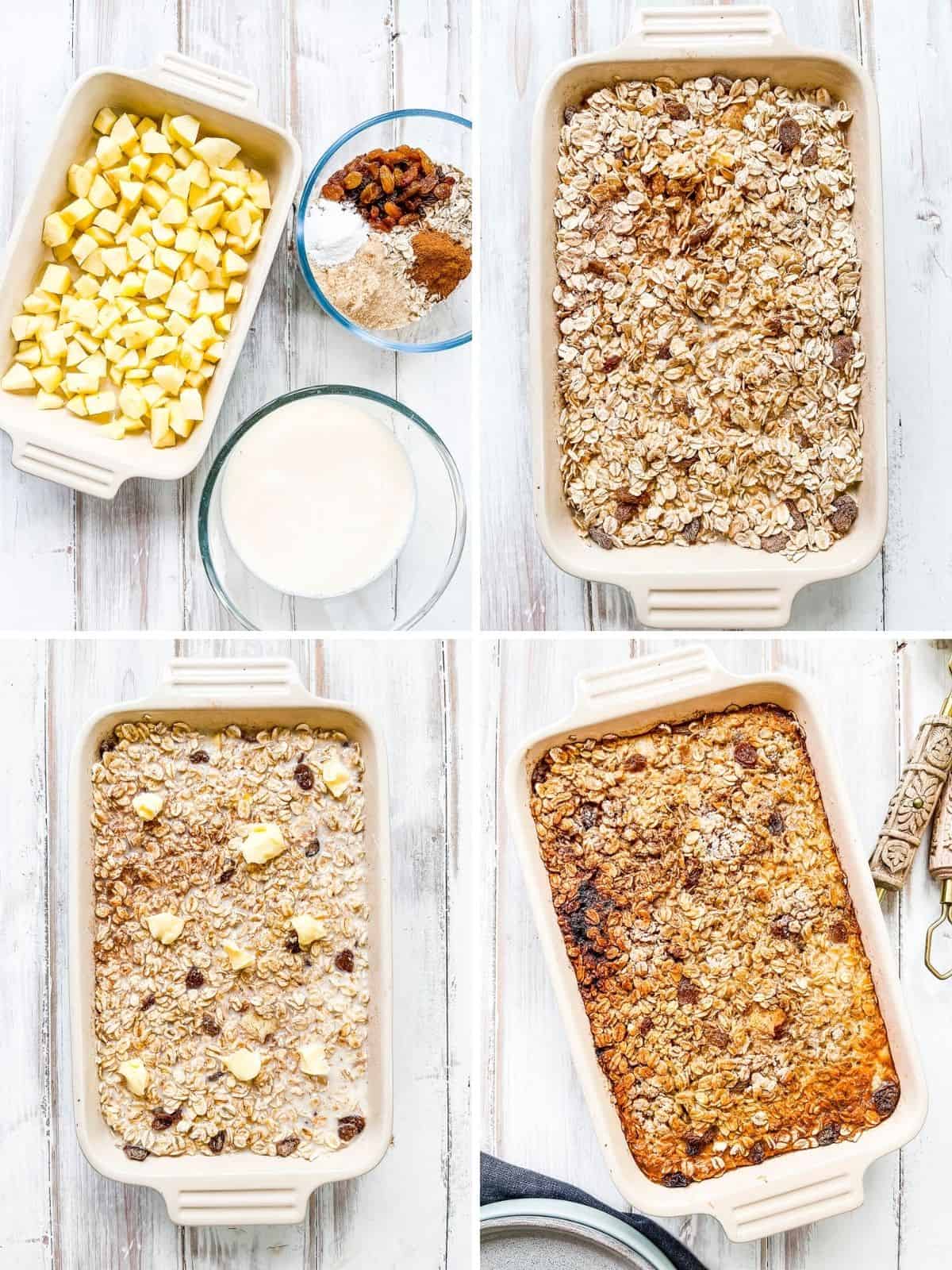 4 pictures of the process of making baked oatmeal with apples.