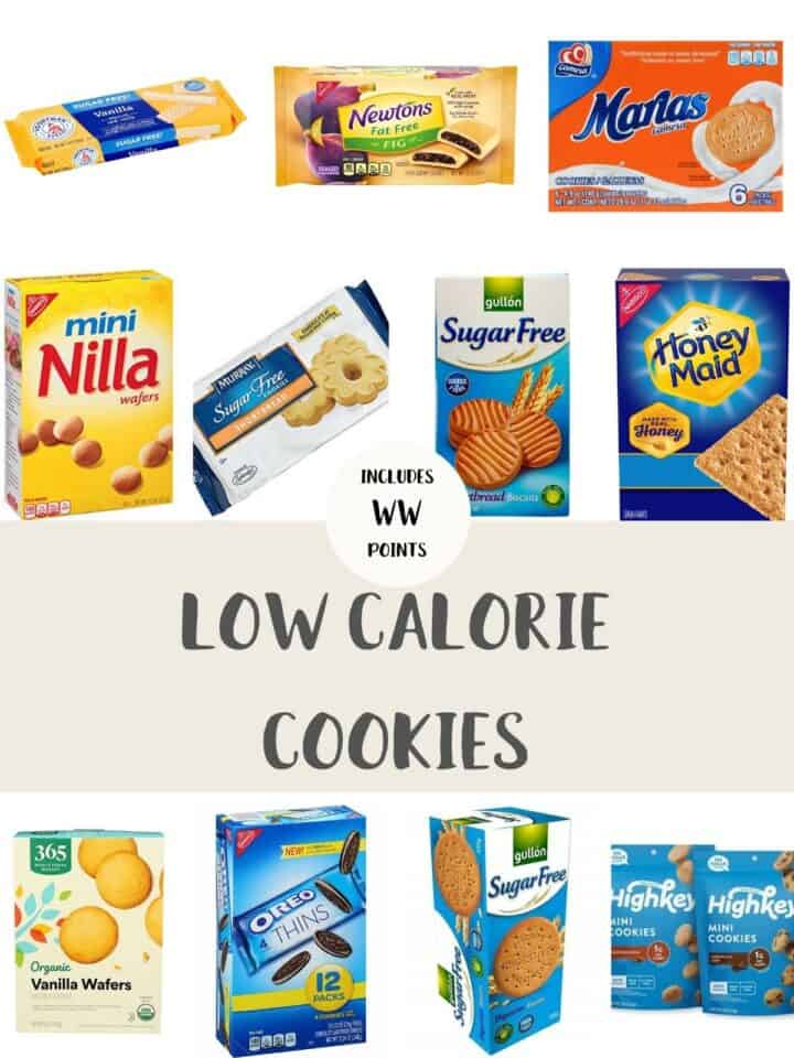 A photo collage of packets of cookies with text overlay stating Low Calorie Cookies.
