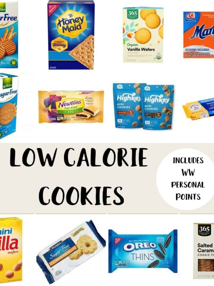 A collection of boxes of cookies with text overlay stating Low Calorie Cookies includes WW Personal Points.