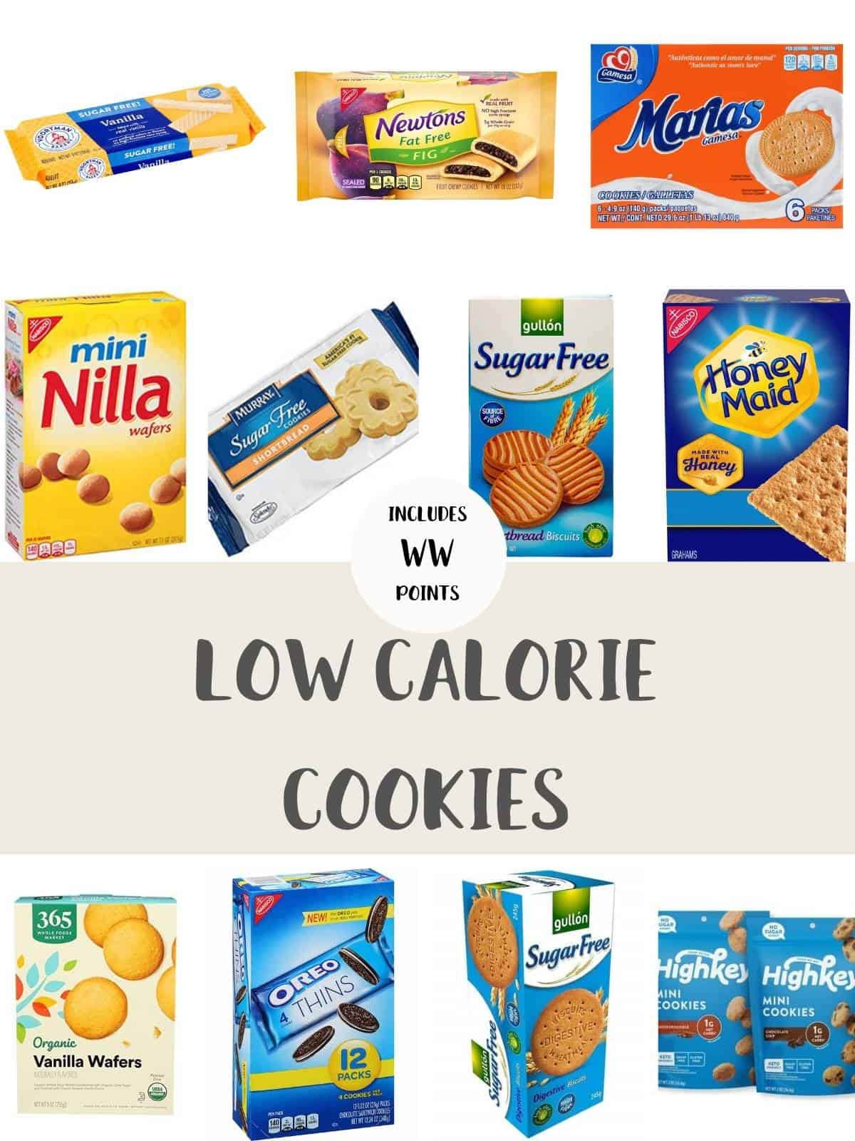 A photo collage of packets of cookies with text overlay stating Low Calorie Cookies.