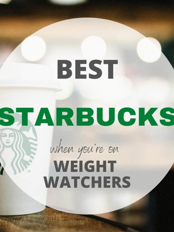 A Starbucks cup with text overlay 'Best Starbucks when you're on Weight Watchers'.