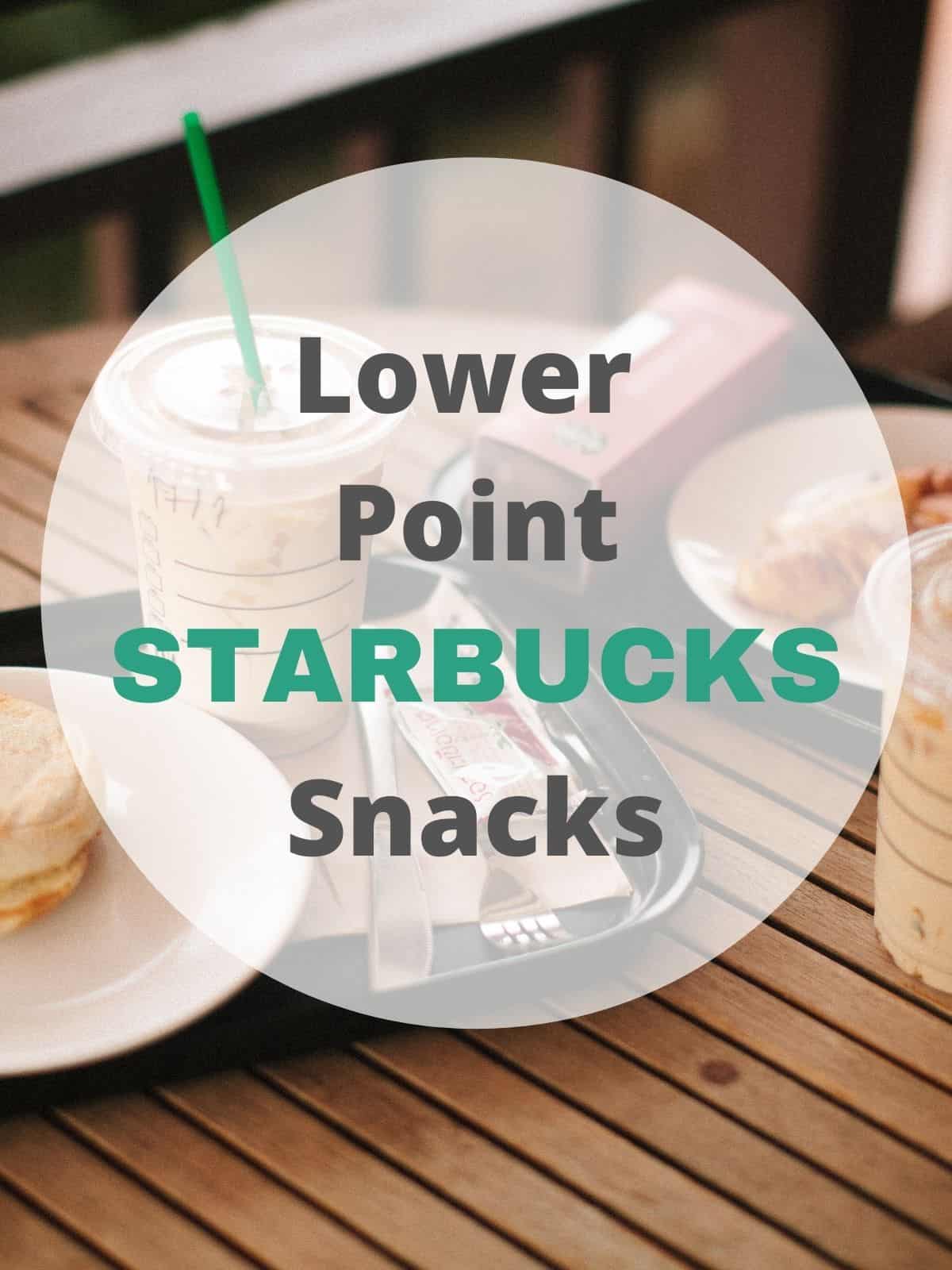 A table of starbucks drinks and snacks with text overlay 'Lower Point Starbucks snacks'.