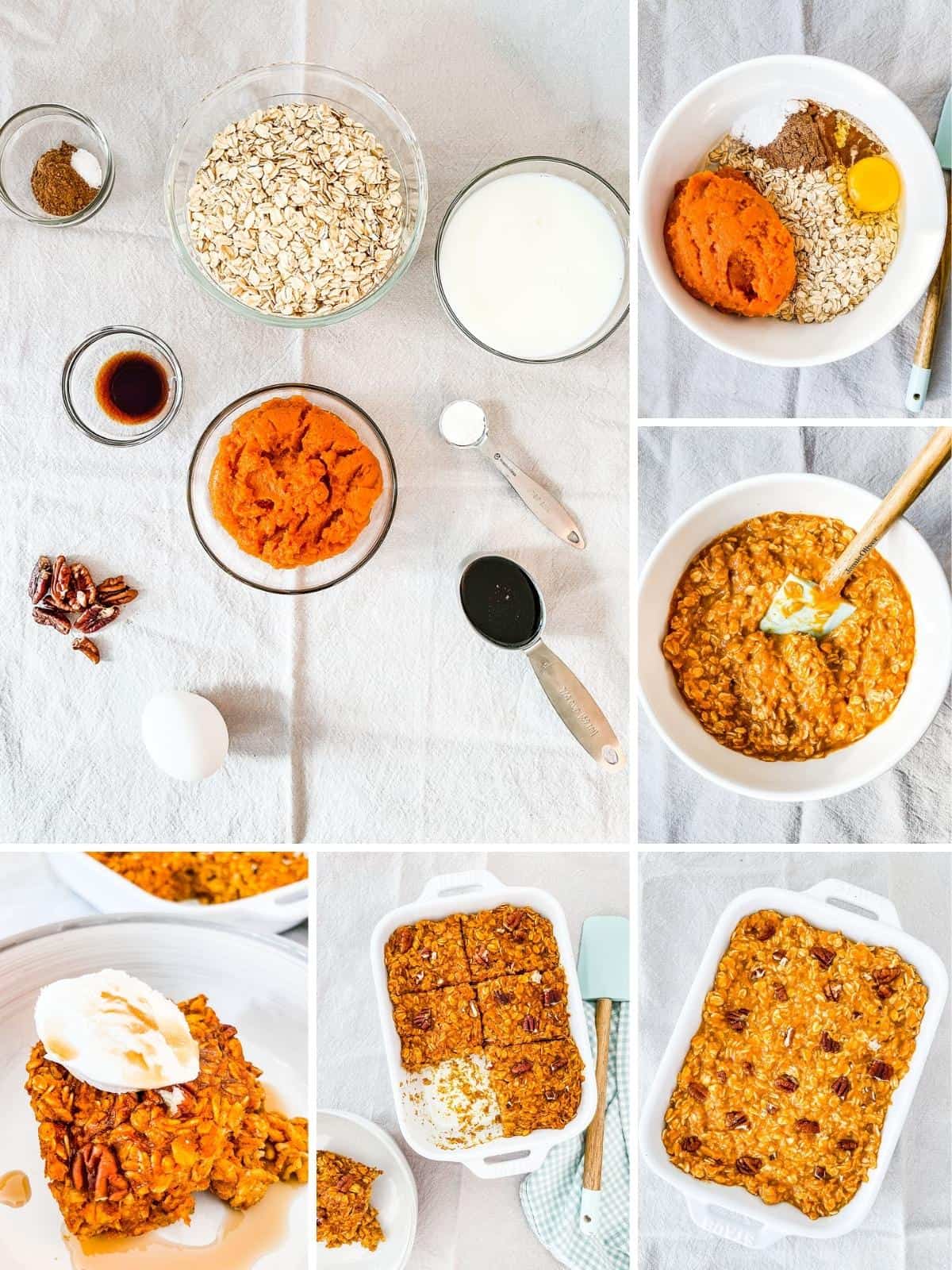 A series of 6 photos showing the process of making WW pumpkin baked oatmeal.