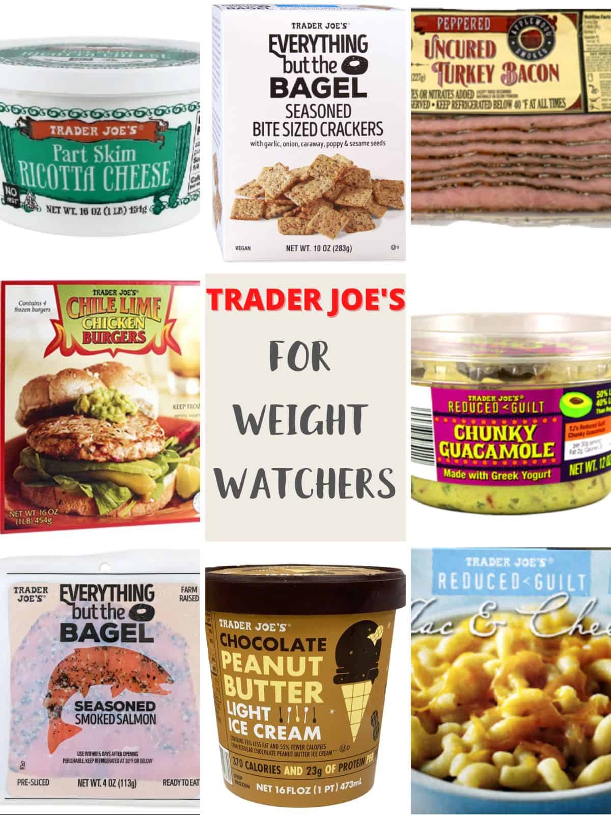 A collage of foods with text overlay stating Trader Joe's for Weight Watchers.