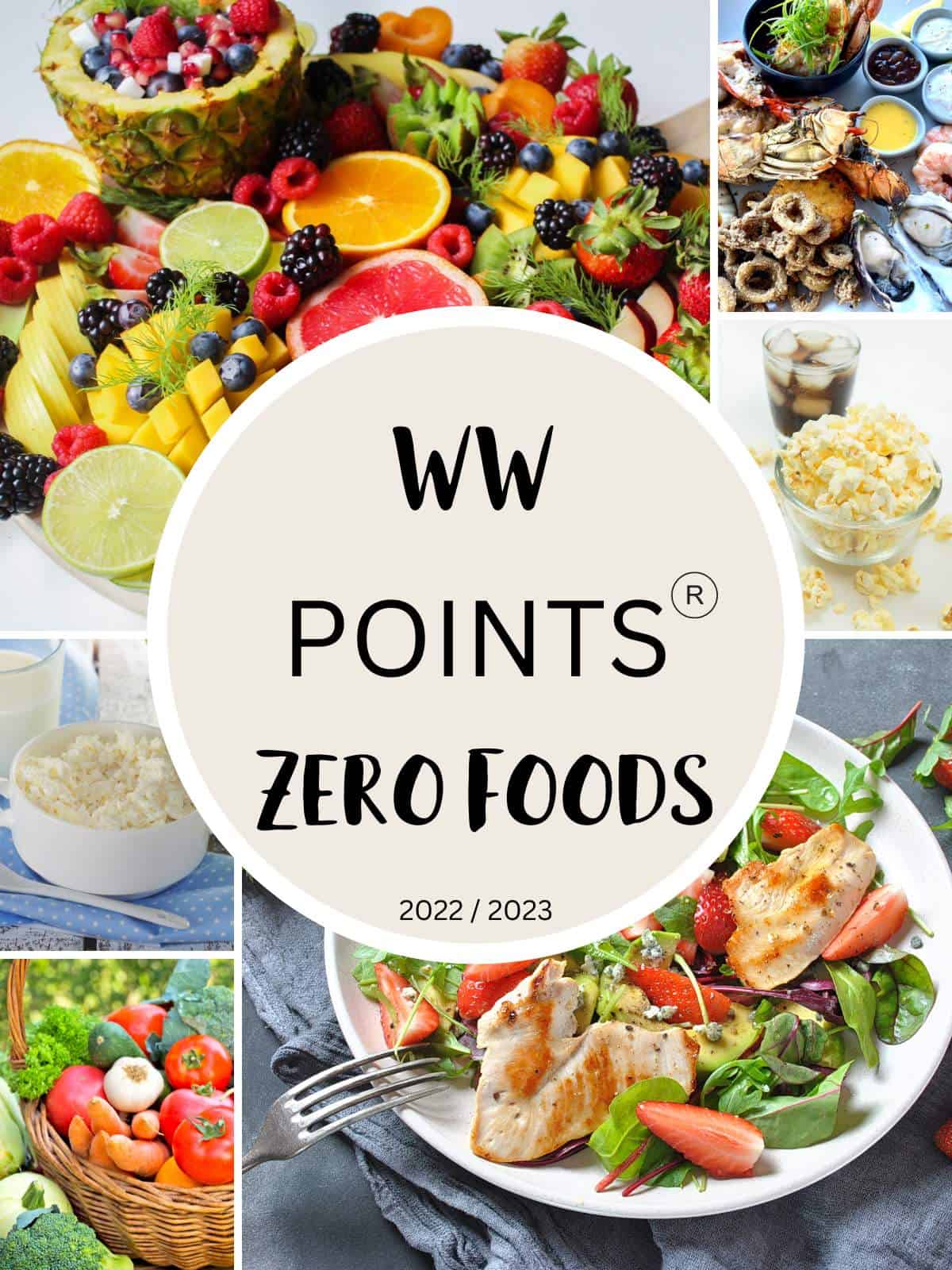 A collage of food picture with text overlay stating WW Points Zero Foods 2022 / 2023