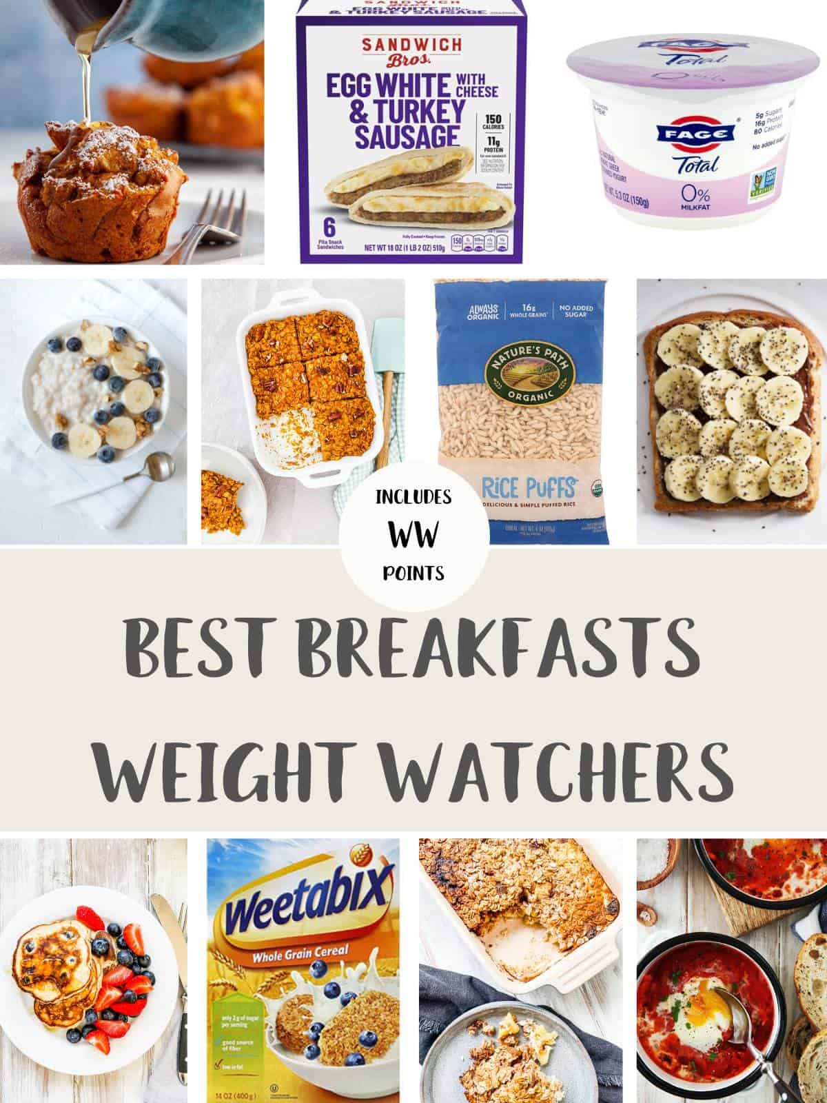 A collage of pictures of breakfast foods with text overlay stating Best Breakfasts Weight Watchres - includes WW Points.