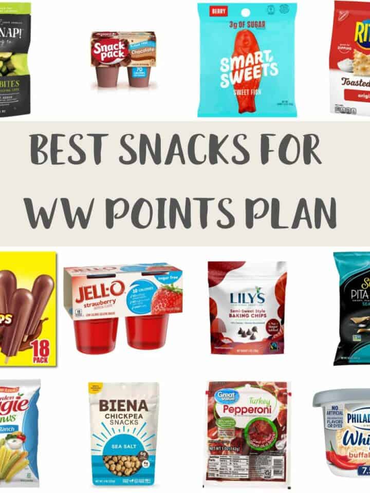 A collage of photos of foods with text overlay stating best snacks for WW Points plan