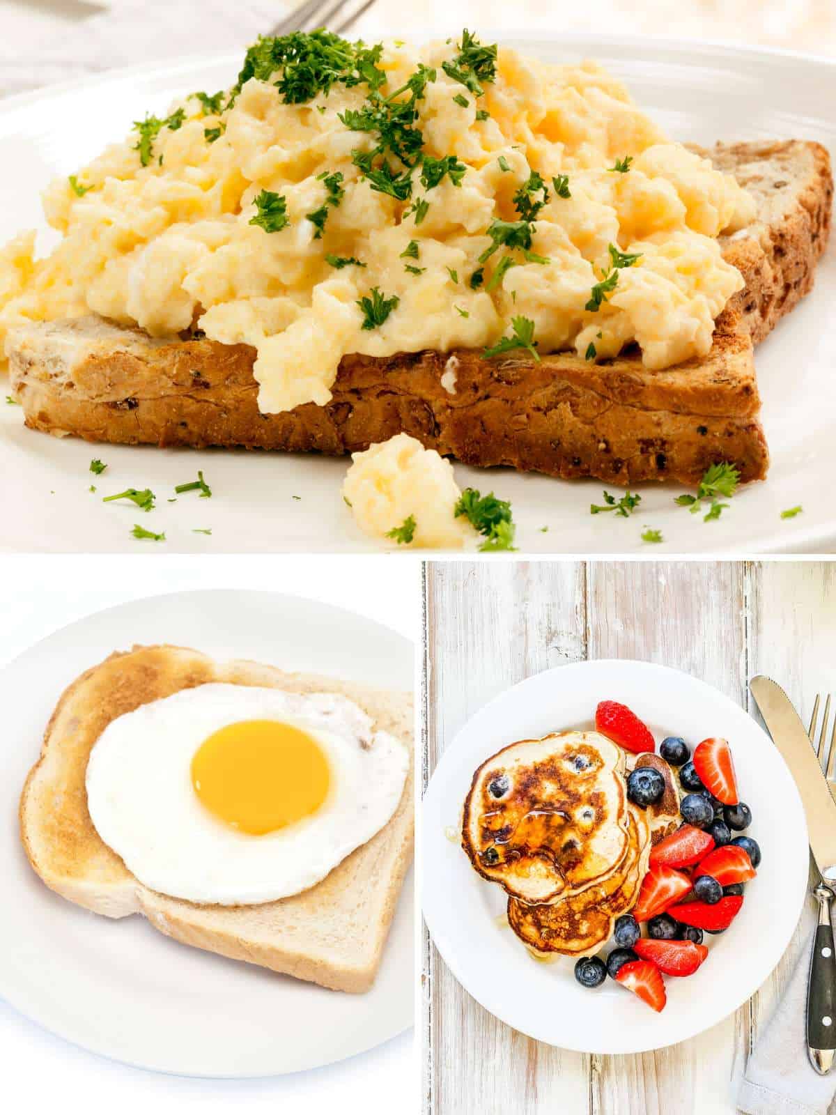 Pictures of scrambled eggs on toast, fried egg on toast and pancakes with fruits.