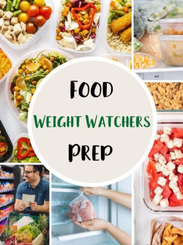 A selection of five photographs showing food in containers for food preparation with text overlay stating Weight Watchers Food Prep.