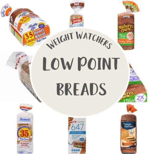Photo collage of 8 loaves of bread with text overlay stating Weight Watchers Low Point Breads