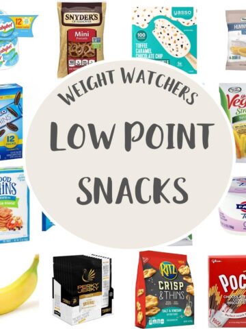 A collage of photos of WW Low Point Snacks with text overlay stating Weight Watchers Low Point Snacks.