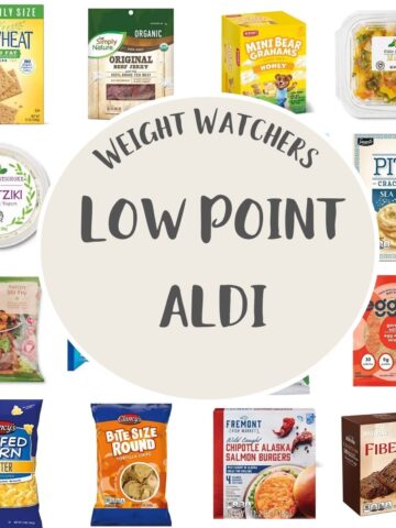 A collage of product photos showing foods that are available to buy in Aldi, with text overlay stating Weight Watchers Low Point Aldi.
