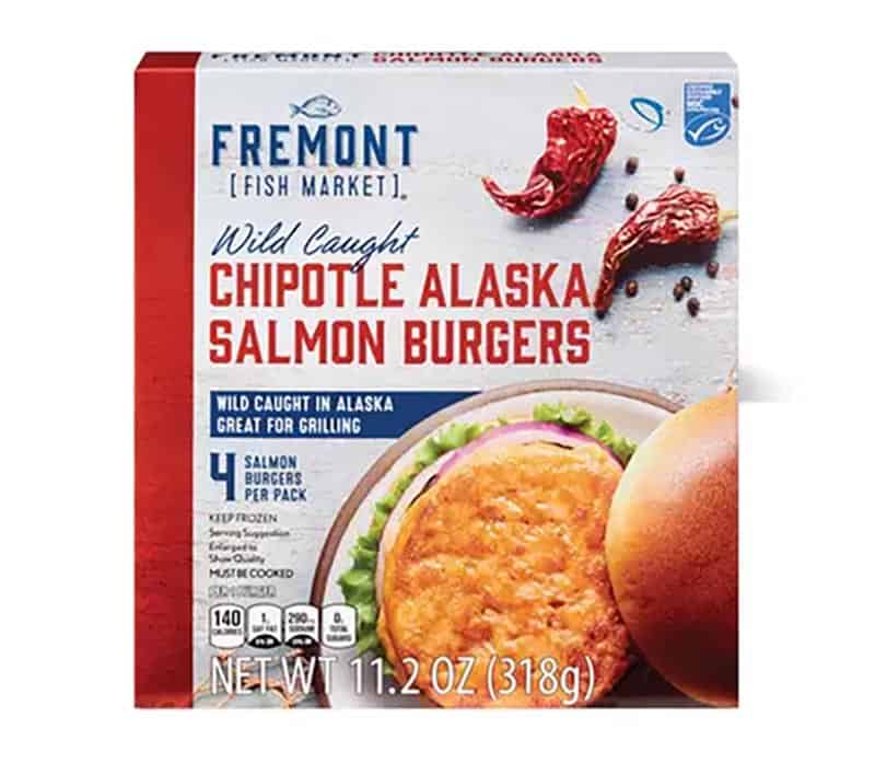 A product photo of a box of Fremont Fish Market Chipotle Alaska Salmon Burgers.