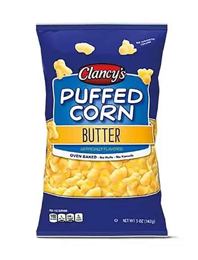 A product photo of a bag of Clancy's Butter flavored Puffed Corn snacks.