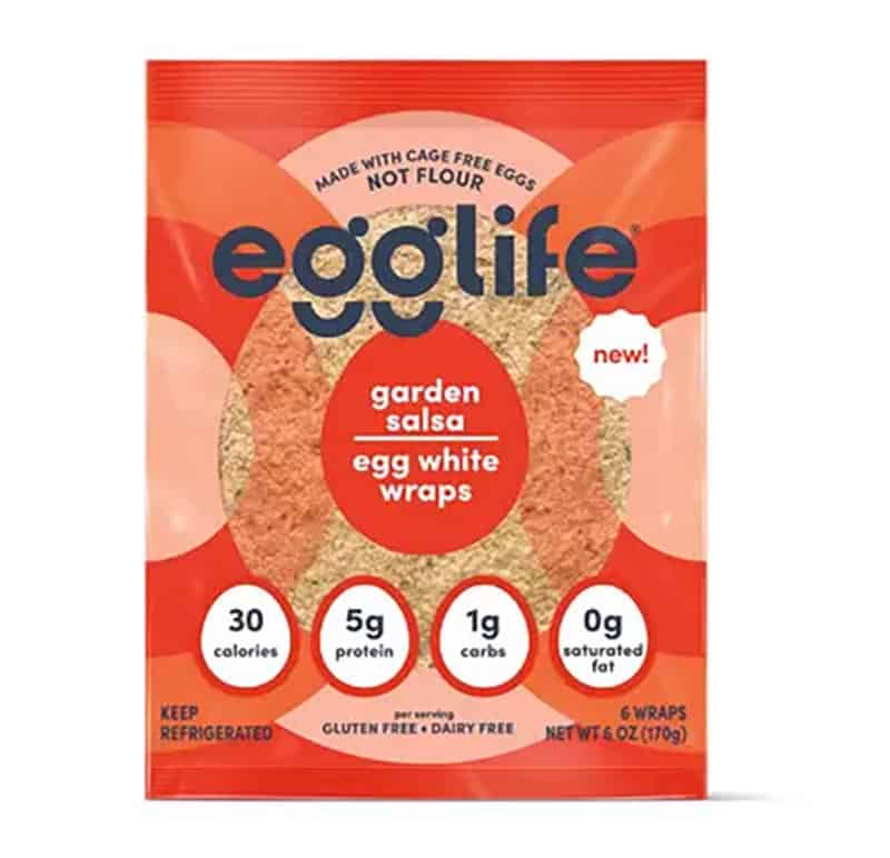 A product photo of a pack of Egglife Garden Salsa egg white wraps.