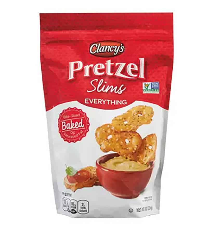 A product photo of a pack of Clancy's Everything Pretzel Slims.