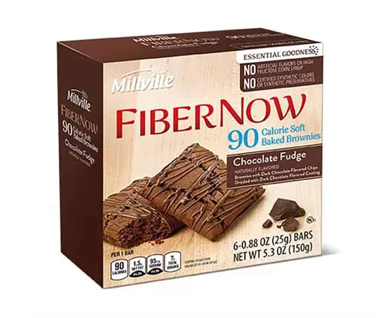 A product shot of a box of Millville Fiber Now Chocolate Fudge Brownies.