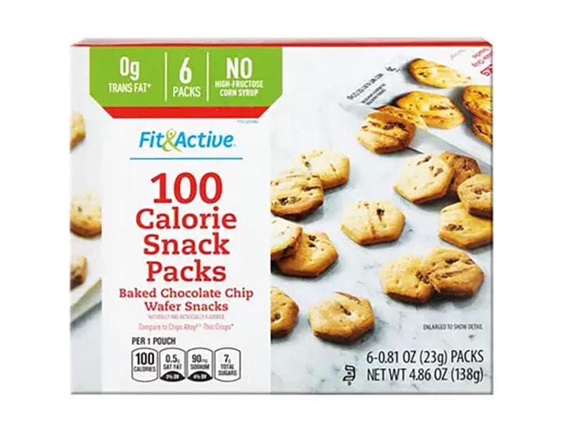 A product photo of a box of Fit & Active Baked Chocolate Chip Wafer Snacks.