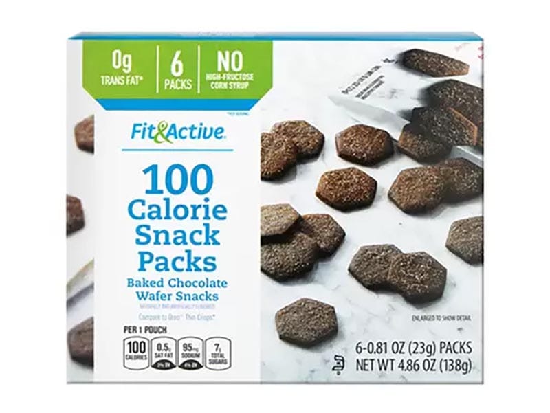 A product photo of a box of Fit & Active Baked Chocolate Wafer Snacks.