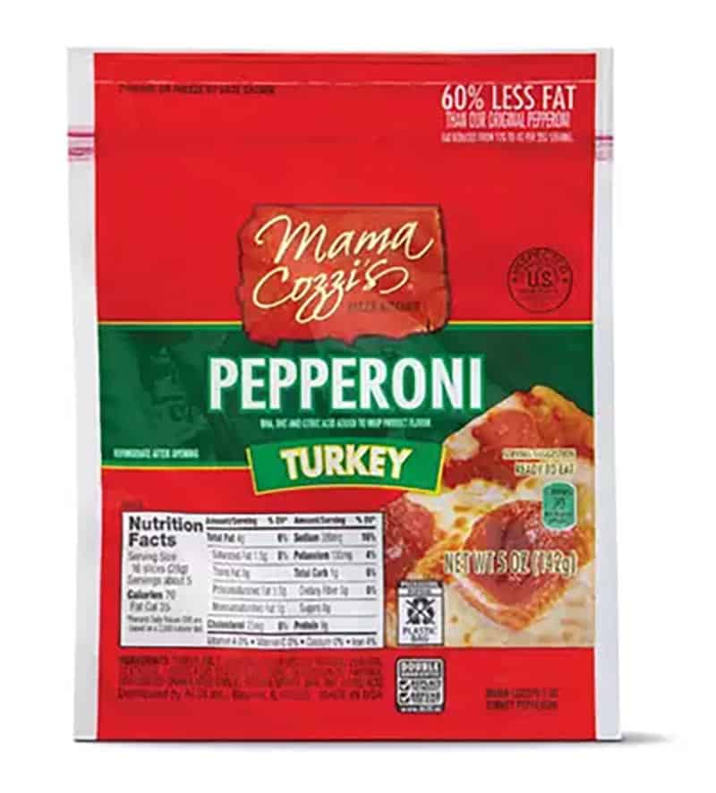 A product photo of a package of Mama Cozzi's Turkey Pepperoni.