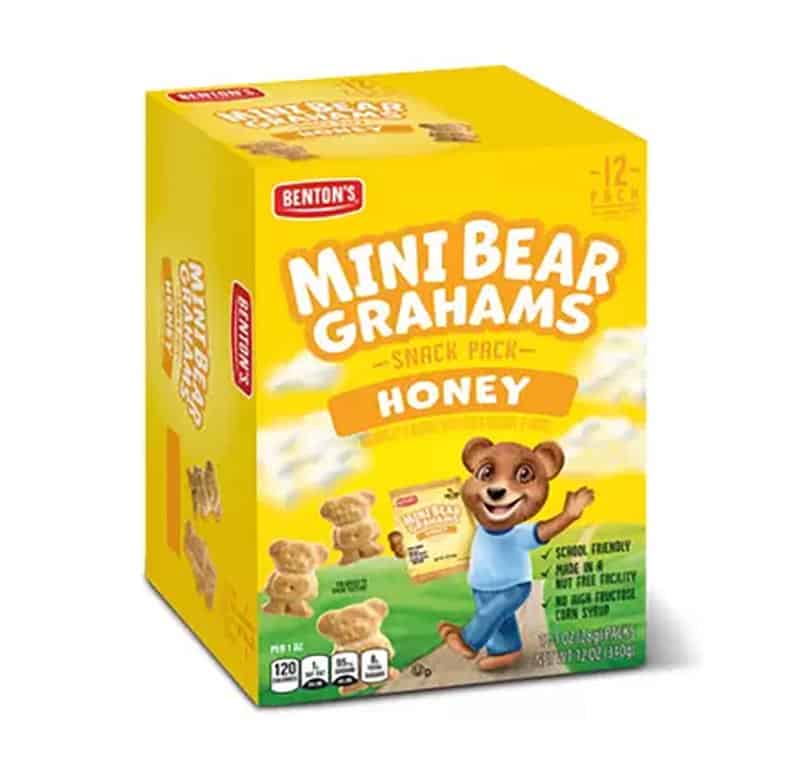A product photo of a box of Benton's Mini Bear Grahams flavored with Honey.