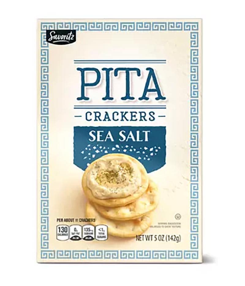 A product photo of Savoritz' Pita Crackers flavored with sea salt.