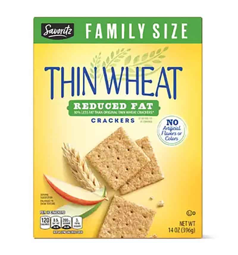 A product photo for Savoritz' Thin Wheat Reduced Fat Crackers.
