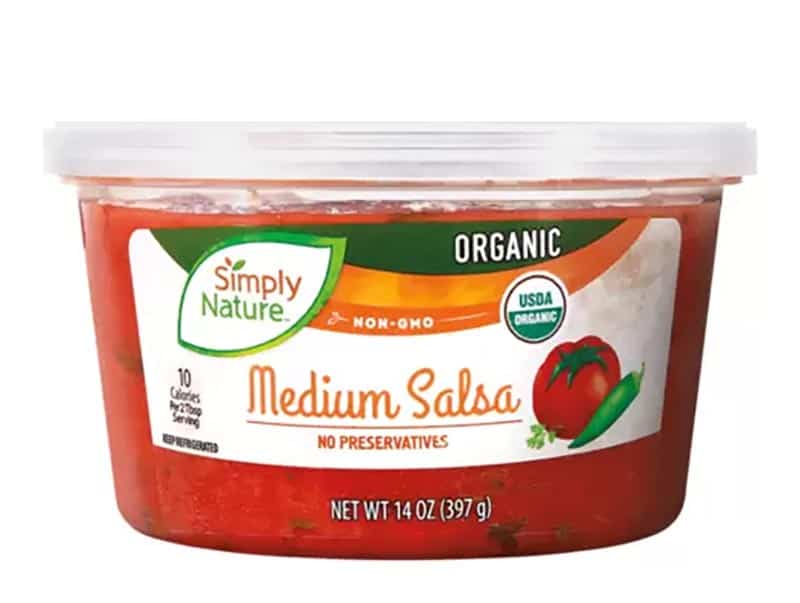 A product shot of a pot of SImply Nature Organic Medium Salsa.