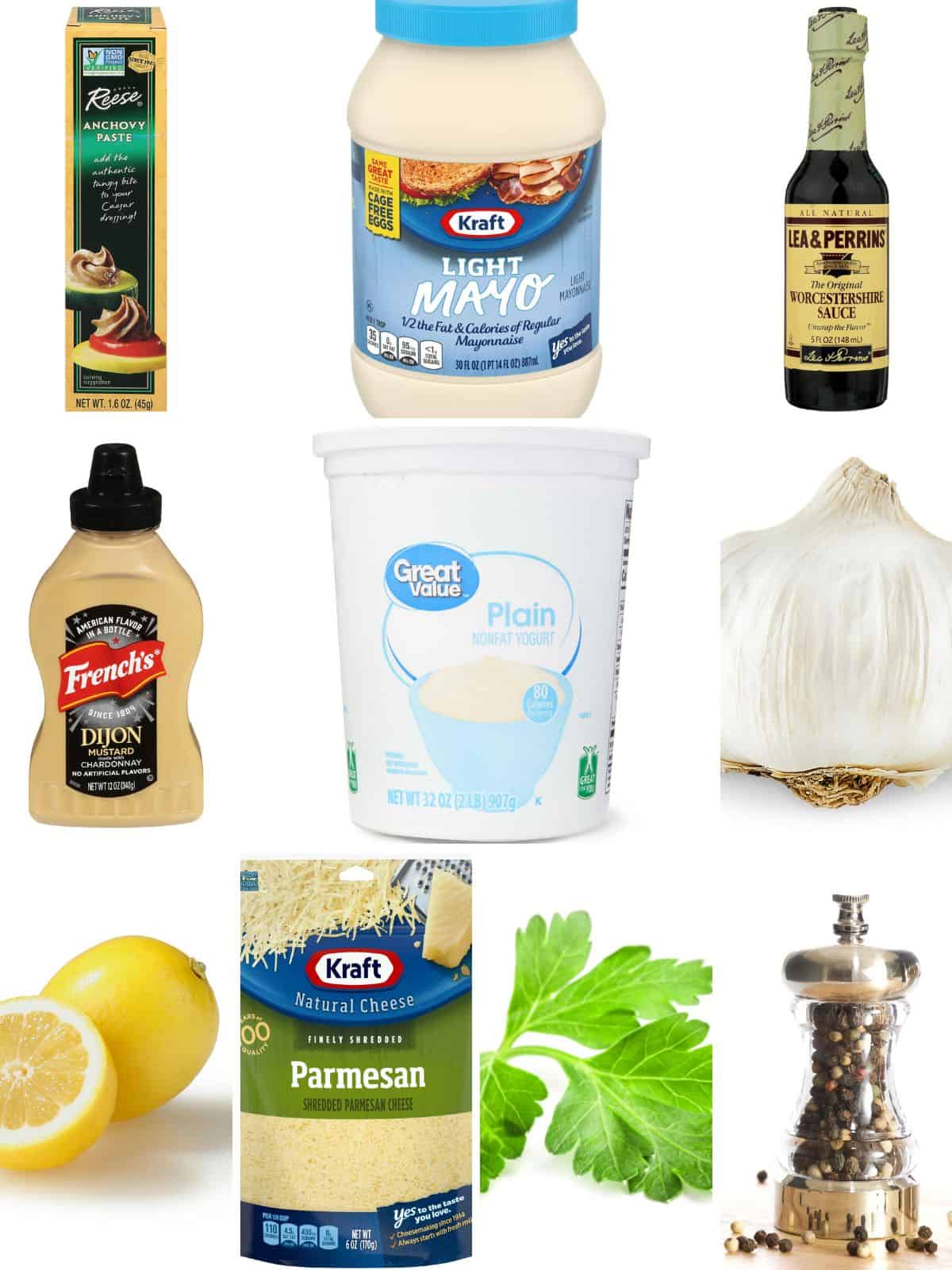 Product photos of the ingredients need to make caesar dressing.