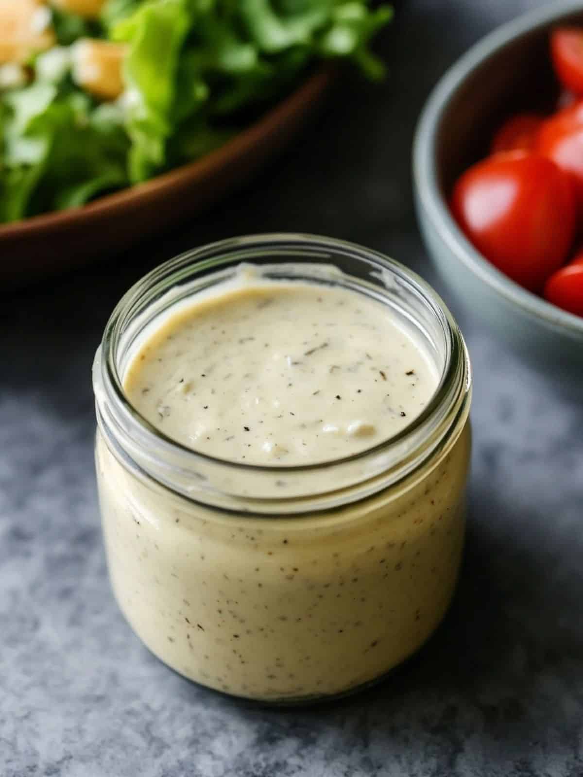 A jar of caesar dressing with a bowl of tomatoes and a bowl of salad in the background.