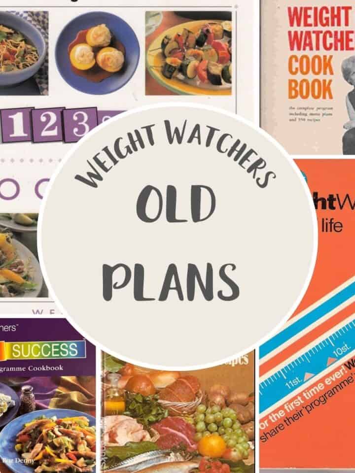 A collage of photos of old Weight Watchers cookbooks with text overlay 'Weight Watchers Old Plans'.