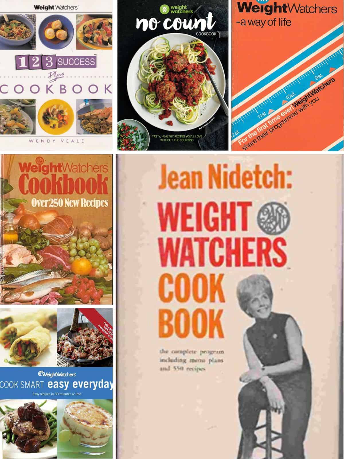 A collage of Weight Watchers old recipe books.