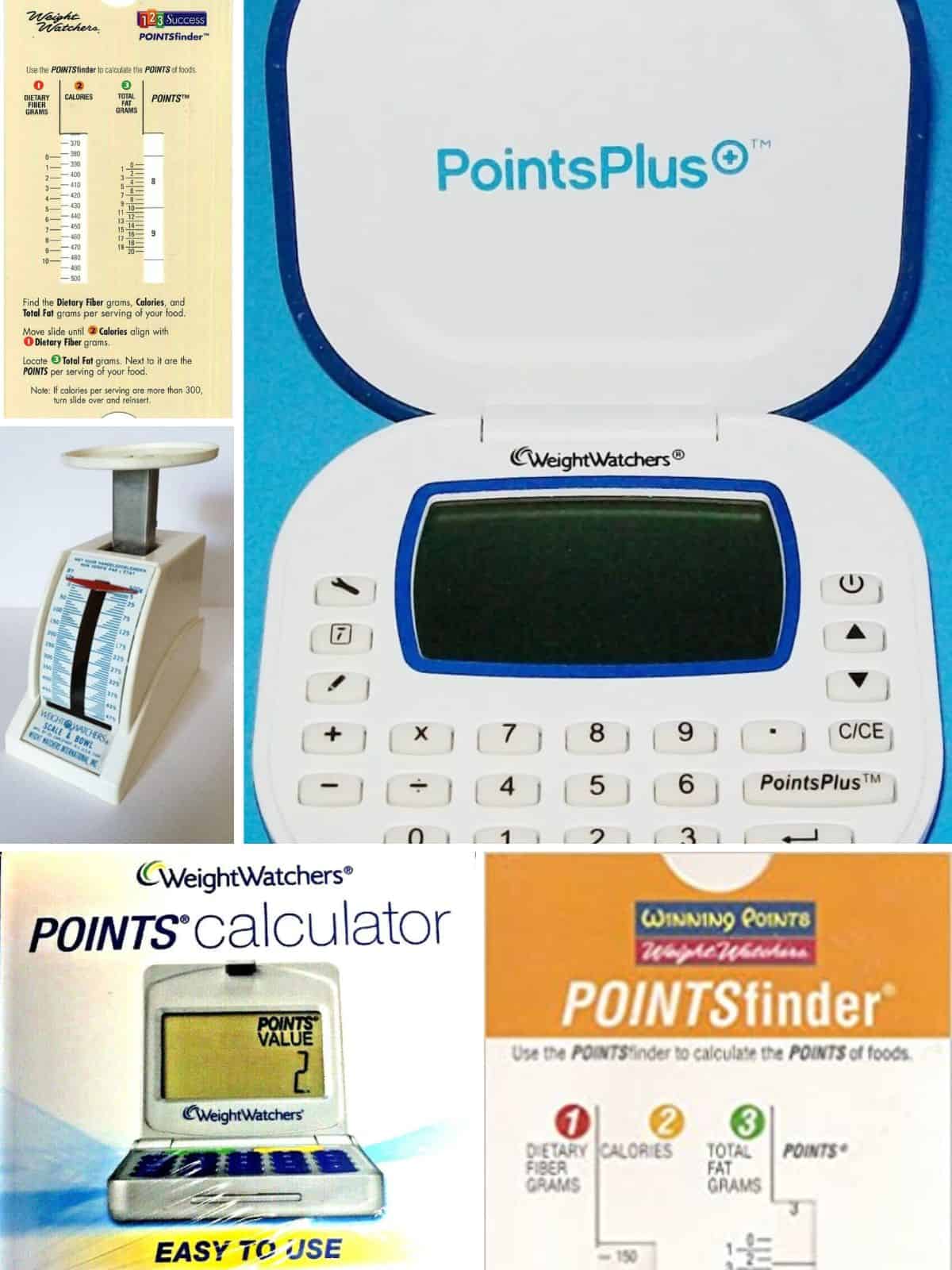 A collage of old Weight Watchers scales, calculators and Points finders.