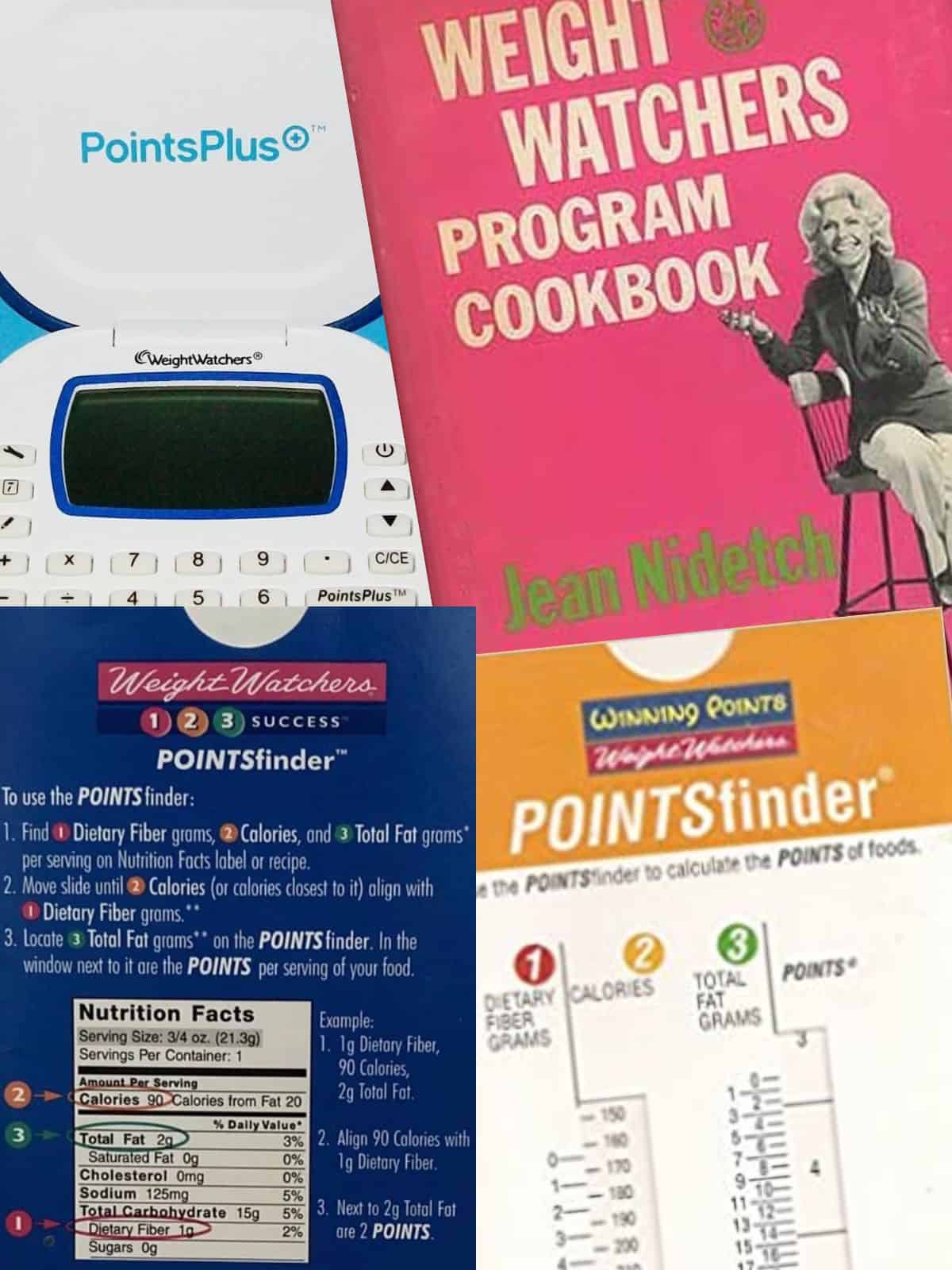 A collage of photographs of Weight Watchers cookbooks and Points calculators.