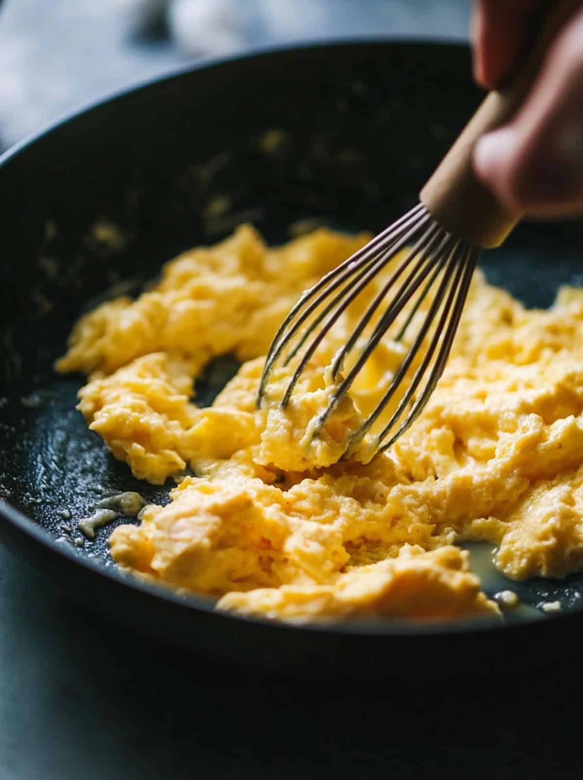 An image of some eggs being scrambled with a whisk in a black skillet.