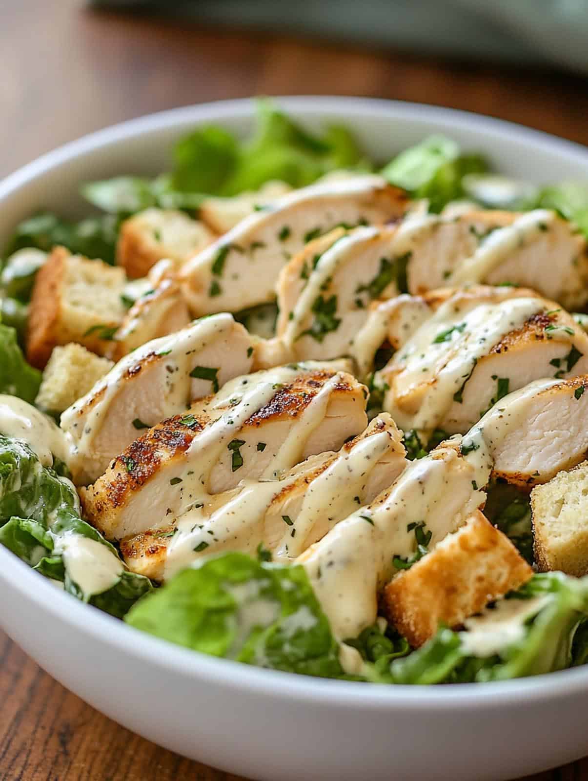 A white bowl of chicken caesar salad drizzled with dressing and sprinkled with herbs.