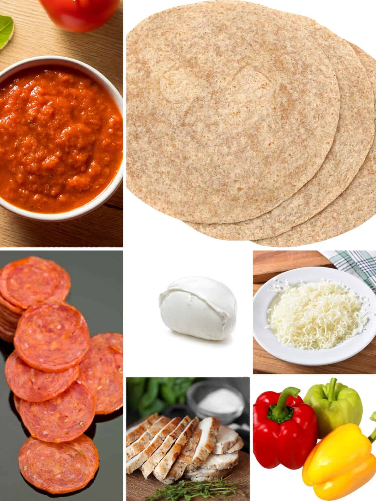 Images of the ingredients used to make a pizza with a tortilla wrap and mozzarella and pepperoni.