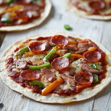 3 'pizzas' made with tortilla wraps rather than dough on a wooden table & topped with pepperoni and chopped bell pepper.