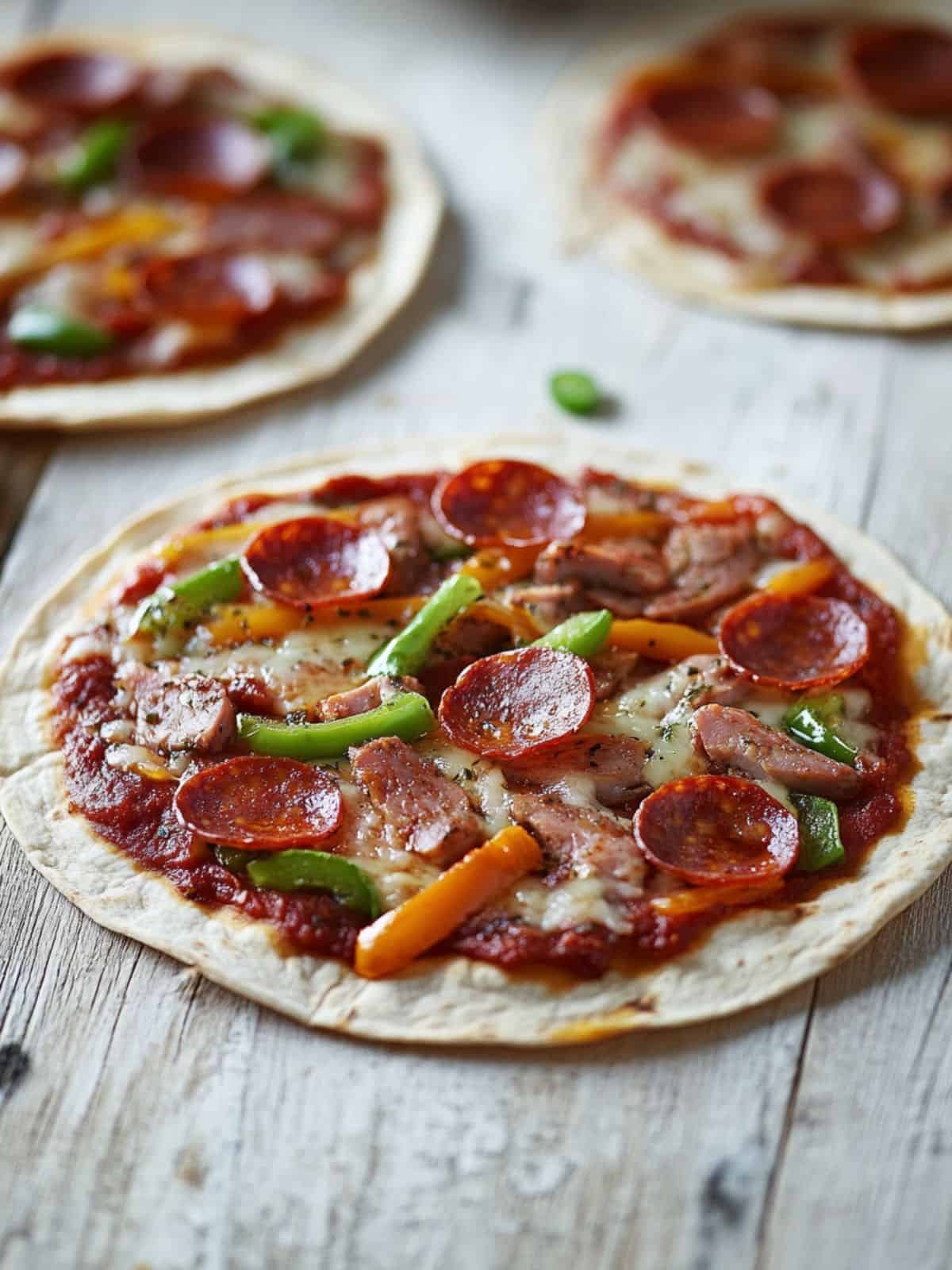 3 'pizzas' made with tortilla wraps rather than dough on a wooden table & topped with pepperoni and chopped bell pepper.