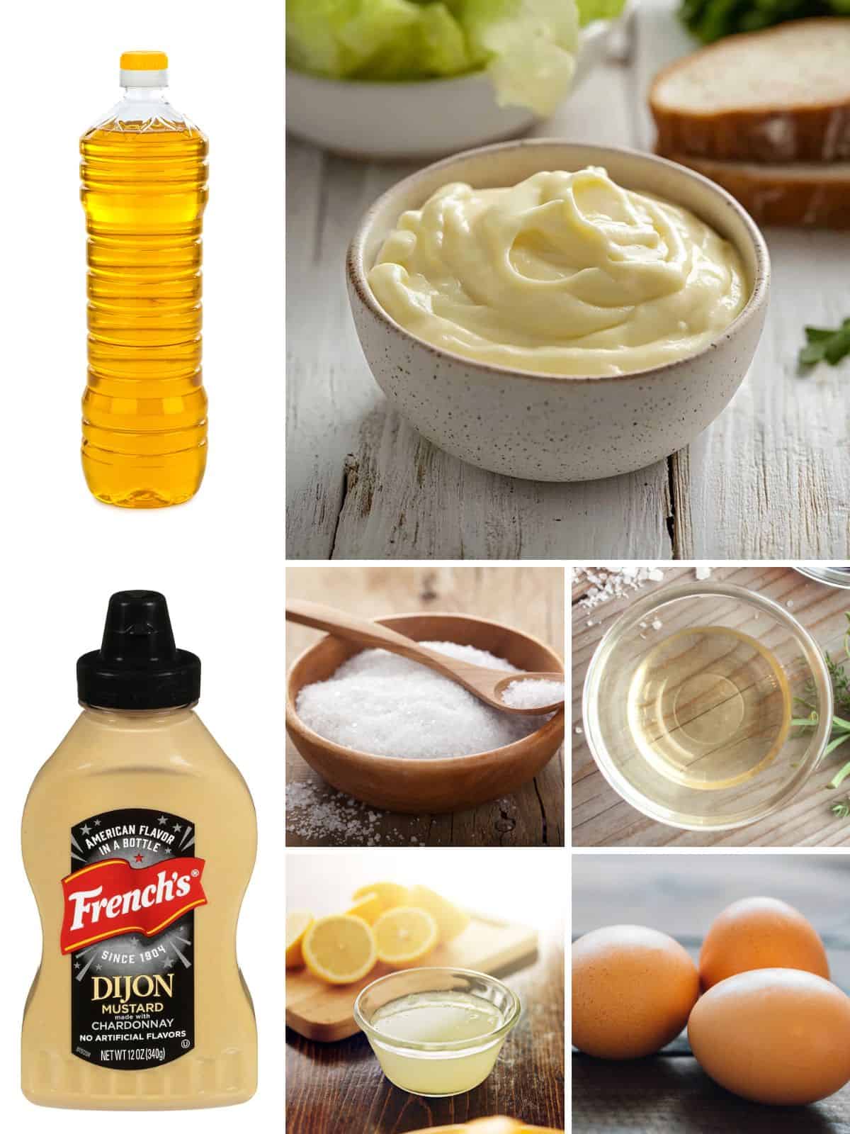 A number of images of the ingredients needed to make homemade mayonnaise.