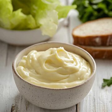 An image of a dish of mayonnaise on a wooden table with a bowl of lettuce and some bread in the background.