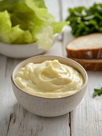 An image of a dish of mayonnaise on a wooden table with a bowl of lettuce and some bread in the background.