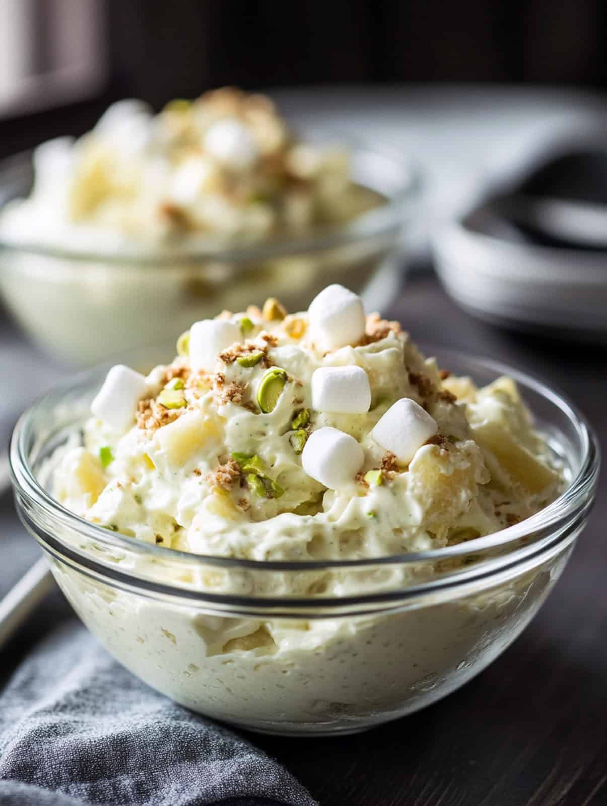 An image of watergate salad in a glass bowl on a table. The watergate salad is topped with mini marshmallows and chopped pistachio nuts.