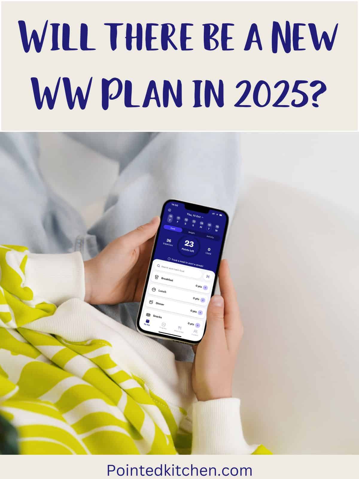 An image of a person holding a phone showing the WW App. Overlaid are the words 'Will there be a new WW plan in 2025?'.