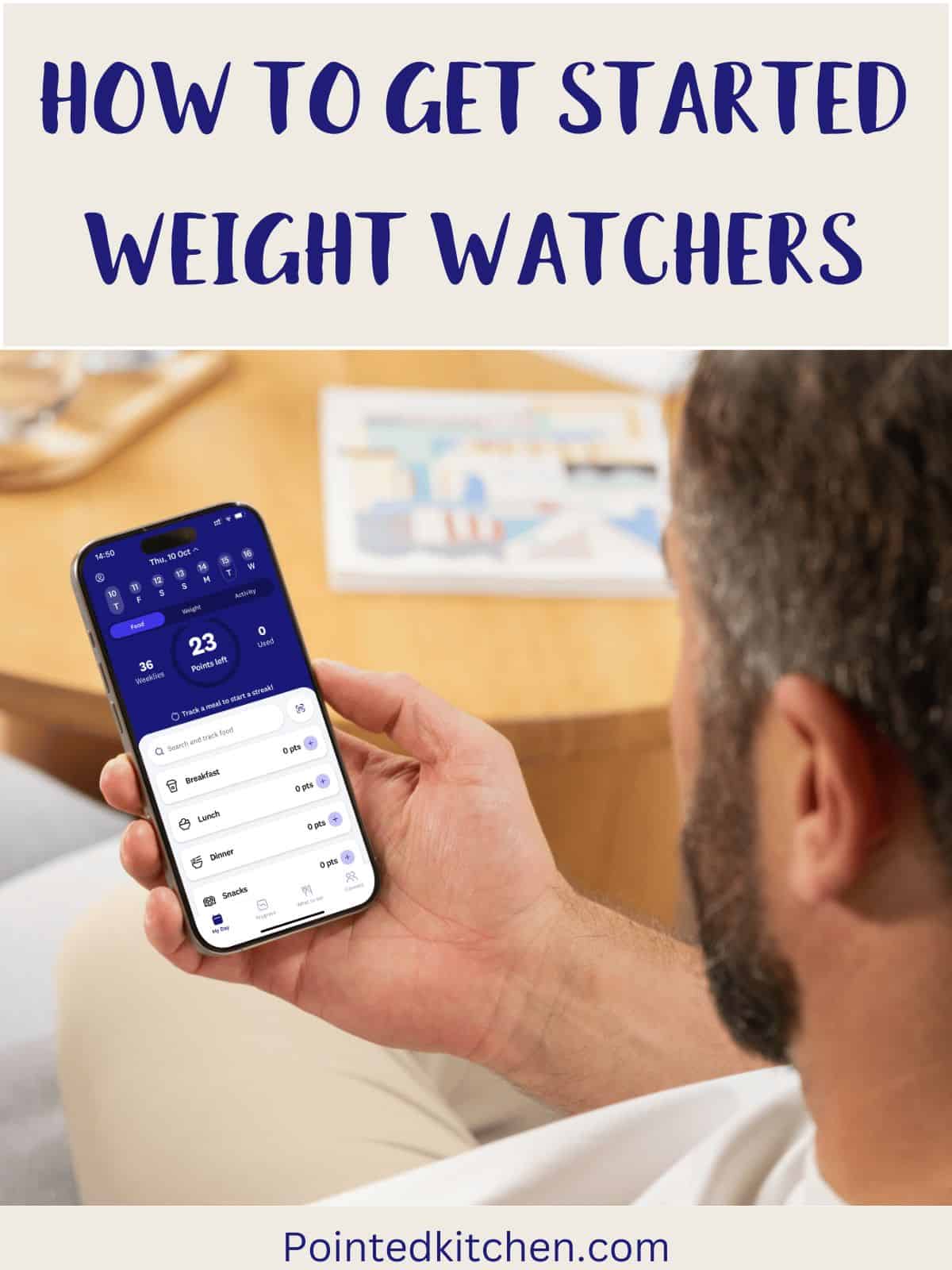 A man with a beard looking at a phone showing the WW App. Text overlay on the image stating How to get started weight watchers.