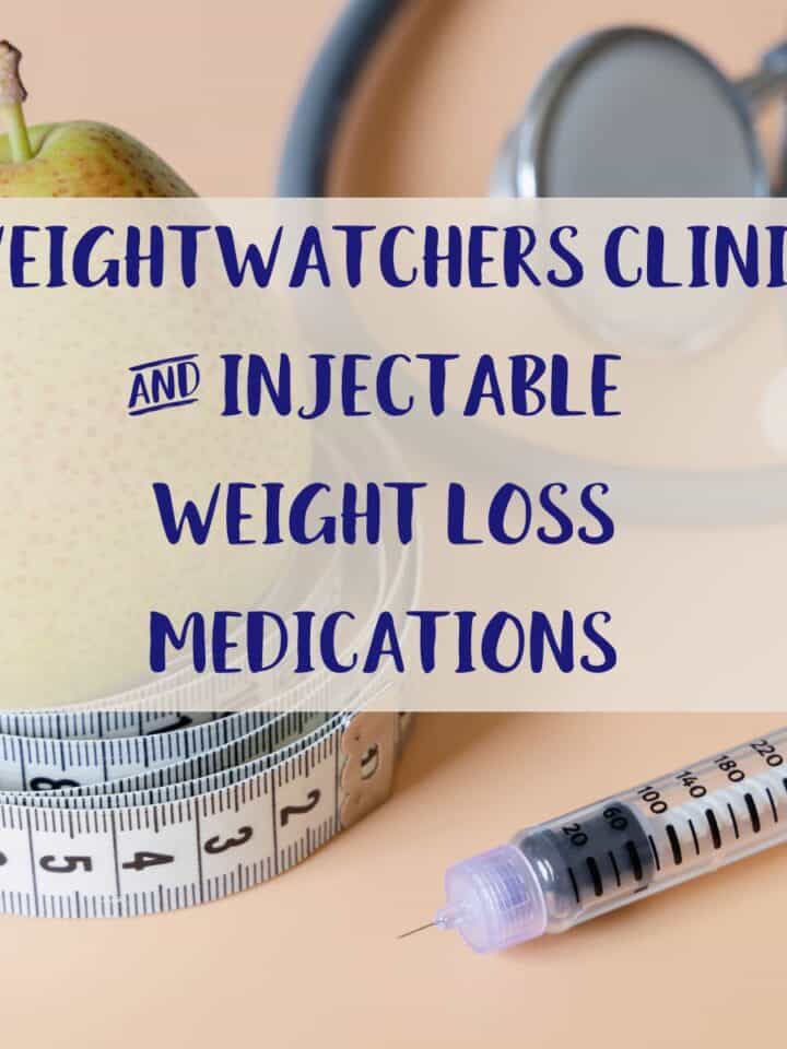 A table with a stethoscope, pear, tape measure and syringe with text overlay stating Weight Watchers Clinic & injectable weight loss medications.