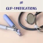 A stethoscope and injectable medications on a table with text overlay stating Weight Watchers Clinic and GLP-1 medications.