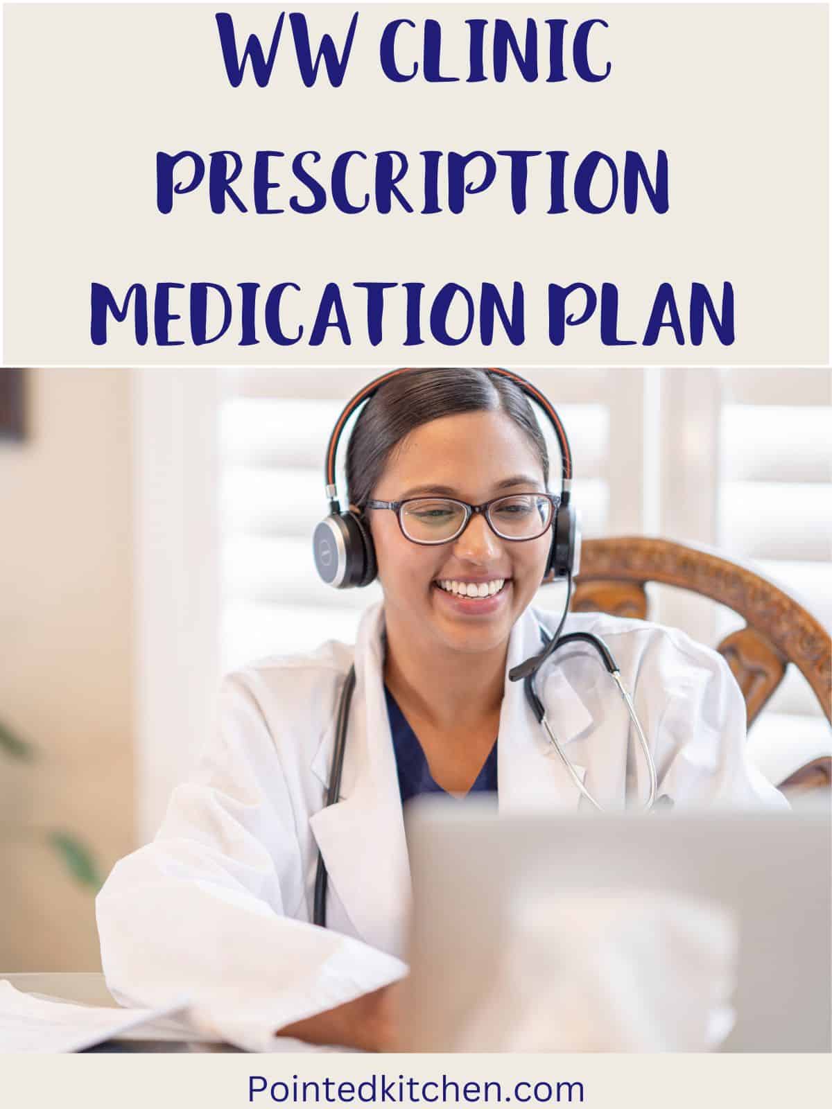 A picture of a doctor using a telemedicine platform with text overlay stating WW clinic Prescription Medication plan.